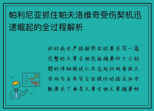 帕利尼亚抓住帕夫洛维奇受伤契机迅速崛起的全过程解析